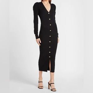 Express Ribbed Puff Sleeve Button Front Sweater Dress